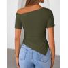 image:imageZESICA Womens Summer Off The Shoulder Going Out Tops 2026 Short Sleeve Asymmetrical Ruched Fitted Shirts Trendy Y2K TopArmygreen