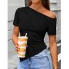 image:imageZESICA Womens Summer Off The Shoulder Going Out Tops 2026 Short Sleeve Asymmetrical Ruched Fitted Shirts Trendy Y2K TopBlack
