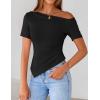 image:imageZESICA Womens Summer Off The Shoulder Going Out Tops 2026 Short Sleeve Asymmetrical Ruched Fitted Shirts Trendy Y2K TopBlack