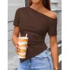 image:imageZESICA Womens Summer Off The Shoulder Going Out Tops 2026 Short Sleeve Asymmetrical Ruched Fitted Shirts Trendy Y2K TopCoffee