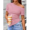 image:imageZESICA Womens Summer Off The Shoulder Going Out Tops 2026 Short Sleeve Asymmetrical Ruched Fitted Shirts Trendy Y2K TopPink