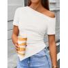 image:imageZESICA Womens Summer Off The Shoulder Going Out Tops 2026 Short Sleeve Asymmetrical Ruched Fitted Shirts Trendy Y2K TopWhite