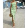image:imageZESICA Womens Summer One Shoulder Floral Bodycon Midi Dress 2026 Ruched Elegant Wedding Cocktail Party Long DressesGreen
