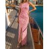 image:imageZESICA Womens Summer One Shoulder Floral Bodycon Midi Dress 2026 Ruched Elegant Wedding Cocktail Party Long DressesPink