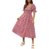 image:imageZESICA Womens 2026 Bohemian Summer Plaid Square Neck Puff Sleeve Ruffle Flowy Beach Midi DressRed