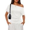 image:imageZESICA Womens Off The Shoulder Short Sleeve Sweater Tops 2026 Summer Casual Ruched Knit Going Out Trendy Spring ShirtsWhite