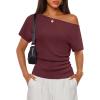 image:imageZESICA Womens Off The Shoulder Short Sleeve Sweater Tops 2026 Summer Casual Ruched Knit Going Out Trendy Spring ShirtsWine