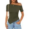 image:imageZESICA Womens Summer Off The Shoulder Going Out Tops 2026 Short Sleeve Asymmetrical Ruched Fitted Shirts Trendy Y2K TopArmygreen