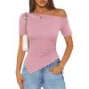 image:imageZESICA Womens Summer Off The Shoulder Going Out Tops 2026 Short Sleeve Asymmetrical Ruched Fitted Shirts Trendy Y2K TopPink