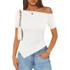 image:imageZESICA Womens Summer Off The Shoulder Going Out Tops 2026 Short Sleeve Asymmetrical Ruched Fitted Shirts Trendy Y2K TopWhite
