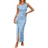 image:imageZESICA Womens Summer One Shoulder Floral Bodycon Midi Dress 2026 Ruched Elegant Wedding Cocktail Party Long DressesDustyblue