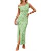 image:imageZESICA Womens Summer One Shoulder Floral Bodycon Midi Dress 2026 Ruched Elegant Wedding Cocktail Party Long DressesGreen