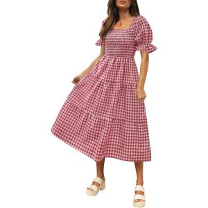 image:imageZESICA Womens 2026 Bohemian Summer Plaid Square Neck Puff Sleeve Ruffle Flowy Beach Midi DressRed