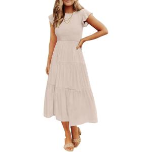 image:imageZESICA Womens 2026 Summer Casual Flutter Short Sleeve Crew Neck Smocked Elastic Waist Tiered Midi DressApricot