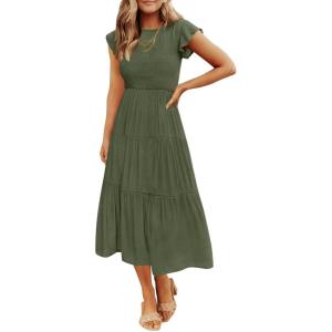 image:imageZESICA Womens 2026 Summer Casual Flutter Short Sleeve Crew Neck Smocked Elastic Waist Tiered Midi DressArmy Green