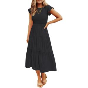 image:imageZESICA Womens 2026 Summer Casual Flutter Short Sleeve Crew Neck Smocked Elastic Waist Tiered Midi DressBlack