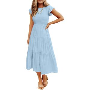 image:imageZESICA Womens 2026 Summer Casual Flutter Short Sleeve Crew Neck Smocked Elastic Waist Tiered Midi DressBlue