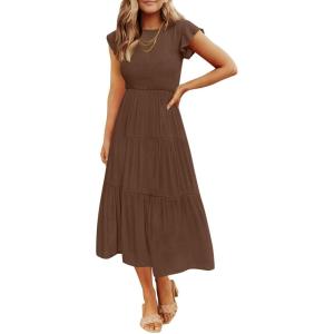 image:imageZESICA Womens 2026 Summer Casual Flutter Short Sleeve Crew Neck Smocked Elastic Waist Tiered Midi DressCoffee