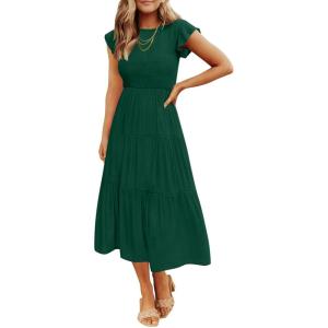 image:imageZESICA Womens 2026 Summer Casual Flutter Short Sleeve Crew Neck Smocked Elastic Waist Tiered Midi DressDark Green