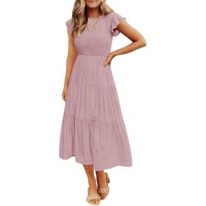 image:imageZESICA Womens 2026 Summer Casual Flutter Short Sleeve Crew Neck Smocked Elastic Waist Tiered Midi DressDark Pink