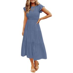 image:imageZESICA Womens 2026 Summer Casual Flutter Short Sleeve Crew Neck Smocked Elastic Waist Tiered Midi DressDusty Blue
