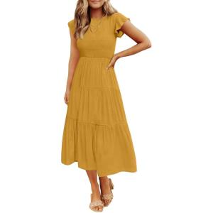 image:imageZESICA Womens 2026 Summer Casual Flutter Short Sleeve Crew Neck Smocked Elastic Waist Tiered Midi DressGinger
