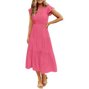 image:imageZESICA Womens 2026 Summer Casual Flutter Short Sleeve Crew Neck Smocked Elastic Waist Tiered Midi DressHot Pink