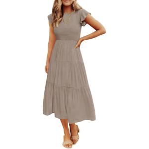 image:imageZESICA Womens 2026 Summer Casual Flutter Short Sleeve Crew Neck Smocked Elastic Waist Tiered Midi DressLight Khaki