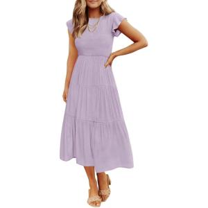 image:imageZESICA Womens 2026 Summer Casual Flutter Short Sleeve Crew Neck Smocked Elastic Waist Tiered Midi DressLight Purple