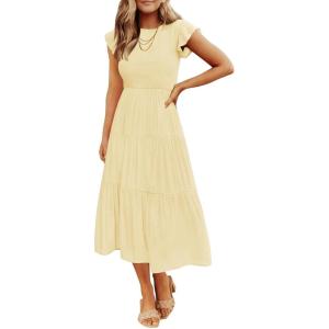image:imageZESICA Womens 2026 Summer Casual Flutter Short Sleeve Crew Neck Smocked Elastic Waist Tiered Midi DressLight Yellow