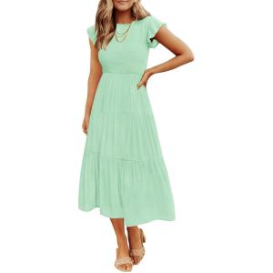 image:imageZESICA Womens 2026 Summer Casual Flutter Short Sleeve Crew Neck Smocked Elastic Waist Tiered Midi DressMint
