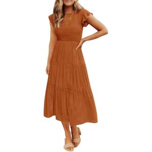 image:imageZESICA Womens 2026 Summer Casual Flutter Short Sleeve Crew Neck Smocked Elastic Waist Tiered Midi DressOrange