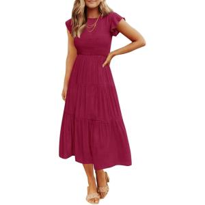 image:imageZESICA Womens 2026 Summer Casual Flutter Short Sleeve Crew Neck Smocked Elastic Waist Tiered Midi DressPlum