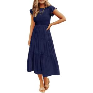 image:imageZESICA Womens 2026 Summer Casual Flutter Short Sleeve Crew Neck Smocked Elastic Waist Tiered Midi DressRoyal Blue
