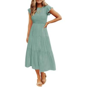 image:imageZESICA Womens 2026 Summer Casual Flutter Short Sleeve Crew Neck Smocked Elastic Waist Tiered Midi DressSage