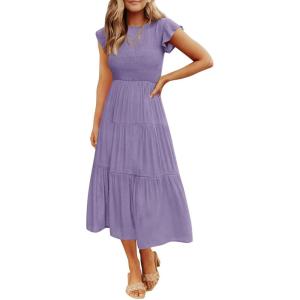 image:imageZESICA Womens 2026 Summer Casual Flutter Short Sleeve Crew Neck Smocked Elastic Waist Tiered Midi DressViolet