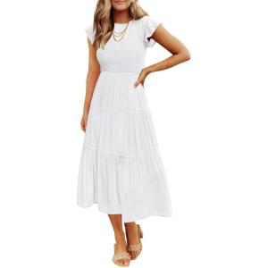 image:imageZESICA Womens 2026 Summer Casual Flutter Short Sleeve Crew Neck Smocked Elastic Waist Tiered Midi DressWhite