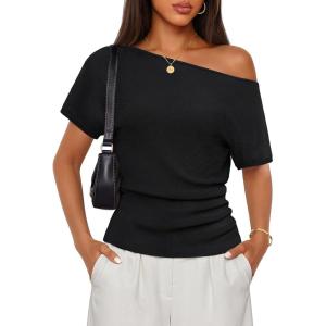 image:imageZESICA Womens Off The Shoulder Short Sleeve Sweater Tops 2026 Summer Casual Ruched Knit Going Out Trendy Spring ShirtsBlack