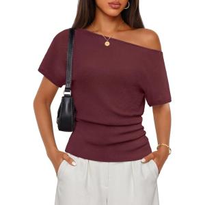 image:imageZESICA Womens Off The Shoulder Short Sleeve Sweater Tops 2026 Summer Casual Ruched Knit Going Out Trendy Spring ShirtsWine