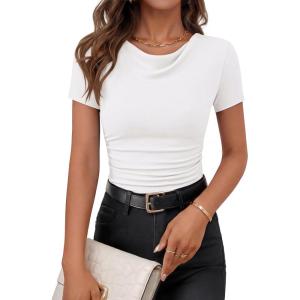 image:imageZESICA Womens Short Sleeve Shirts 2026 Summer Cowl Neck Ruched Slim Fit TShirts Going Out Tops Dressy Casual ClothesWhite