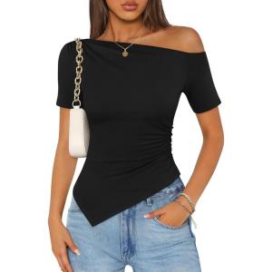 image:imageZESICA Womens Summer Off The Shoulder Going Out Tops 2026 Short Sleeve Asymmetrical Ruched Fitted Shirts Trendy Y2K TopBlack