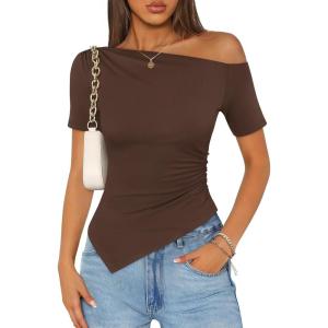 image:imageZESICA Womens Summer Off The Shoulder Going Out Tops 2026 Short Sleeve Asymmetrical Ruched Fitted Shirts Trendy Y2K TopCoffee