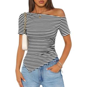 image:imageZESICA Womens Summer Off The Shoulder Going Out Tops 2026 Short Sleeve Asymmetrical Ruched Fitted Shirts Trendy Y2K TopEbony