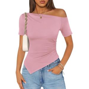 image:imageZESICA Womens Summer Off The Shoulder Going Out Tops 2026 Short Sleeve Asymmetrical Ruched Fitted Shirts Trendy Y2K TopPink