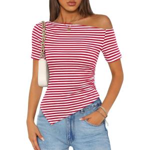 image:imageZESICA Womens Summer Off The Shoulder Going Out Tops 2026 Short Sleeve Asymmetrical Ruched Fitted Shirts Trendy Y2K TopRed
