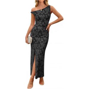 image:imageZESICA Womens Summer One Shoulder Floral Bodycon Midi Dress 2026 Ruched Elegant Wedding Cocktail Party Long DressesBlack