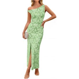 image:imageZESICA Womens Summer One Shoulder Floral Bodycon Midi Dress 2026 Ruched Elegant Wedding Cocktail Party Long DressesGreen