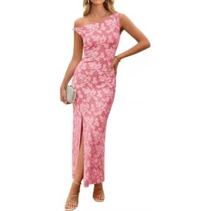 image:imageZESICA Womens Summer One Shoulder Floral Bodycon Midi Dress 2026 Ruched Elegant Wedding Cocktail Party Long DressesPink
