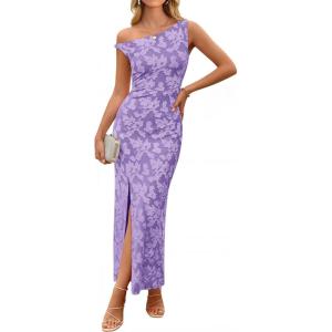 image:imageZESICA Womens Summer One Shoulder Floral Bodycon Midi Dress 2026 Ruched Elegant Wedding Cocktail Party Long DressesPurple