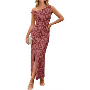 image:imageZESICA Womens Summer One Shoulder Floral Bodycon Midi Dress 2026 Ruched Elegant Wedding Cocktail Party Long DressesWine